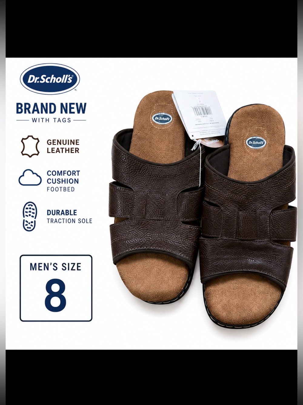Dr. Scholl's Genuine Leather Comfort Slide Sandals Men Size 8 NWT
